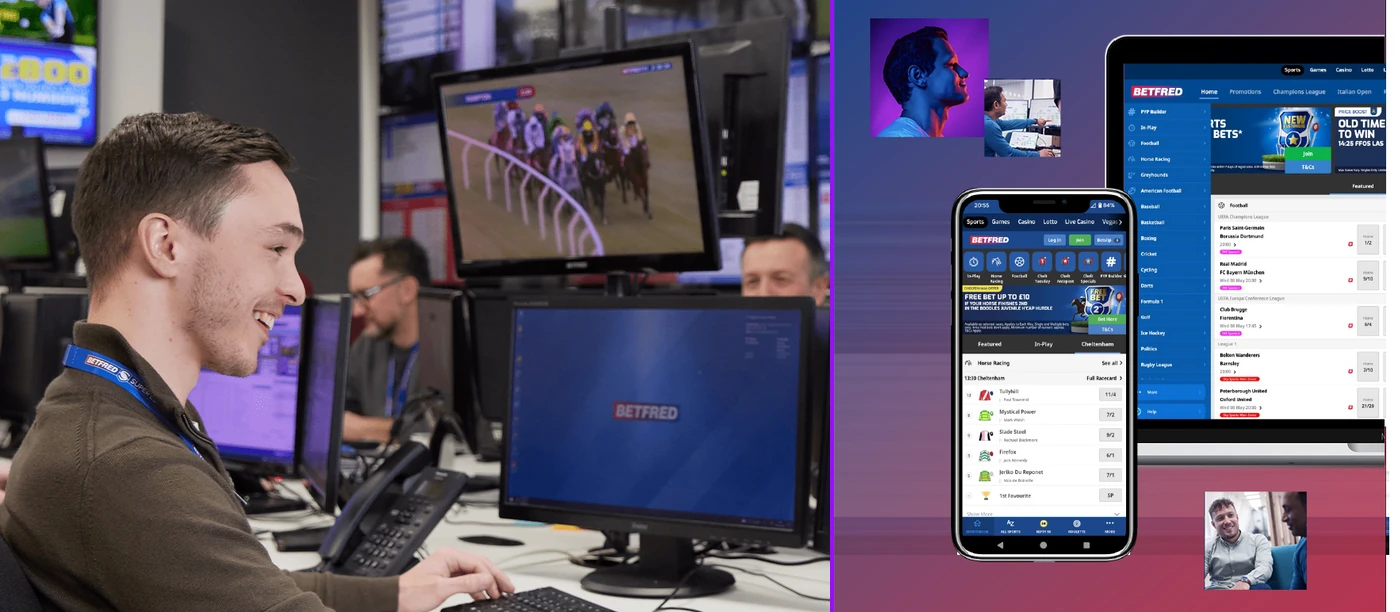 Betfred contact centre advisor at a multi-screen desk, alongside the Betfred mobile and tablet betting apps