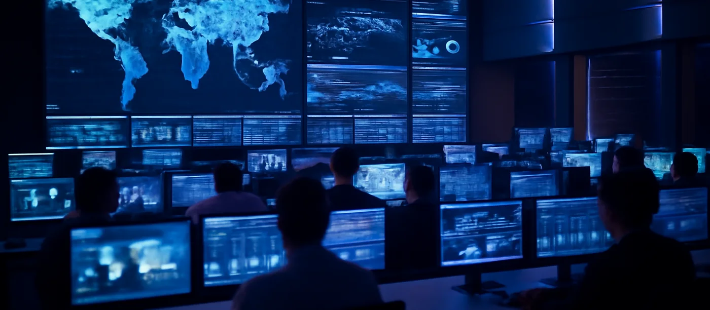 Analysts working in a 24/7 Security Operations Centre, monitoring dashboards across multiple screens