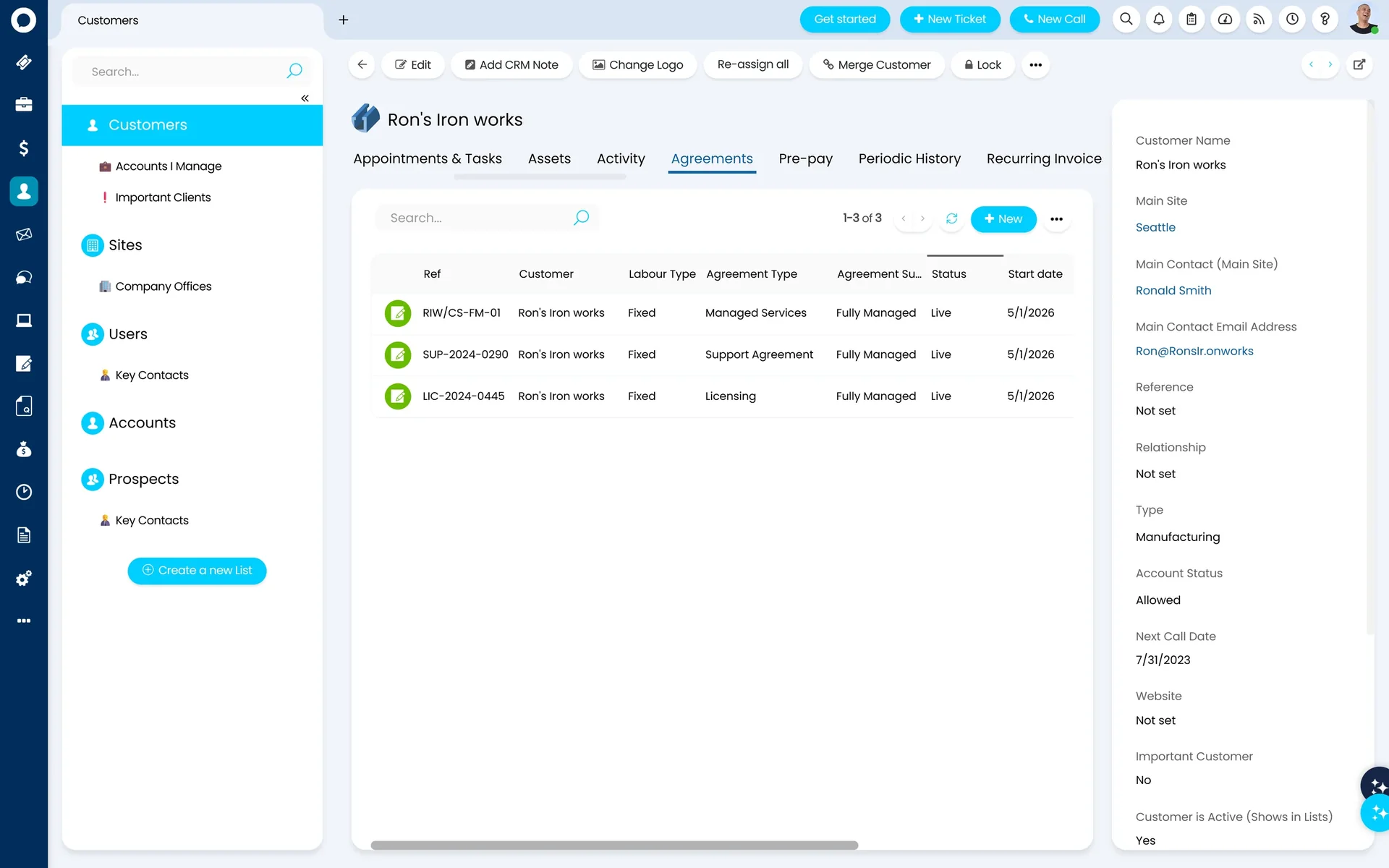 HaloPSA Contracts — a client record showing live managed services, support and licensing agreements