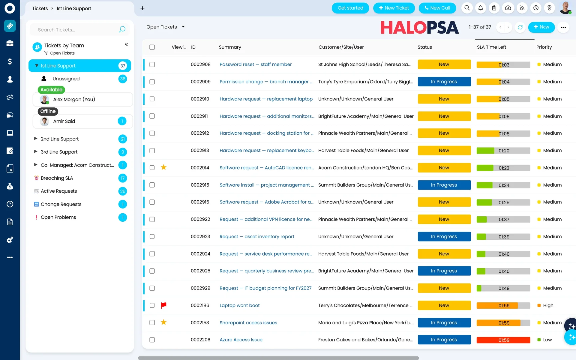 HaloPSA Service Desk — a single ticket queue across multiple clients with live SLA countdowns