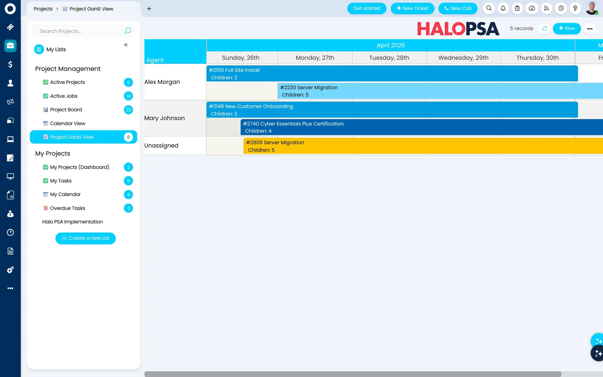 HaloPSA Projects — Gantt view showing scheduled project work across engineers