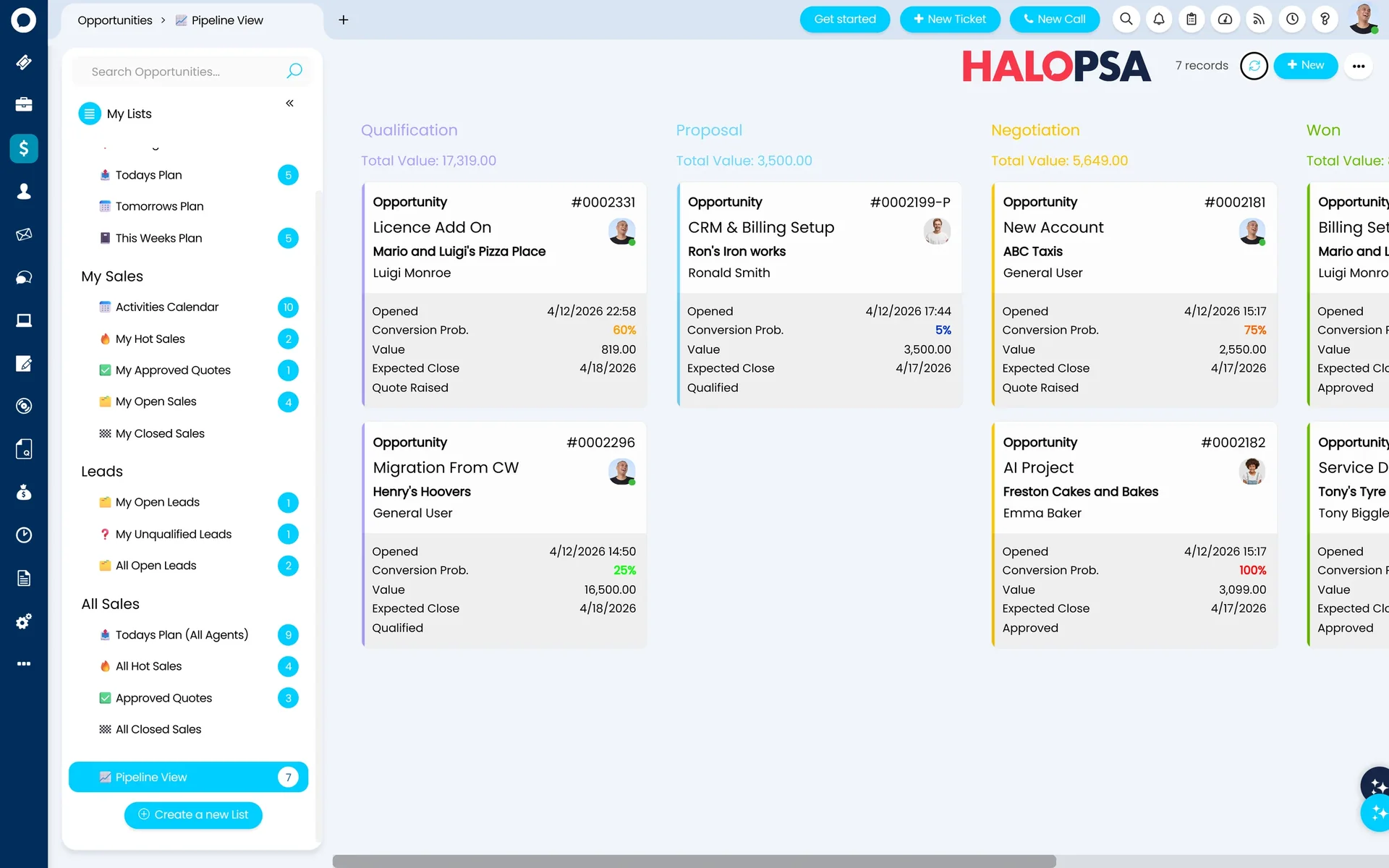 HaloPSA CRM — opportunity pipeline board across qualification, proposal, negotiation and won stages