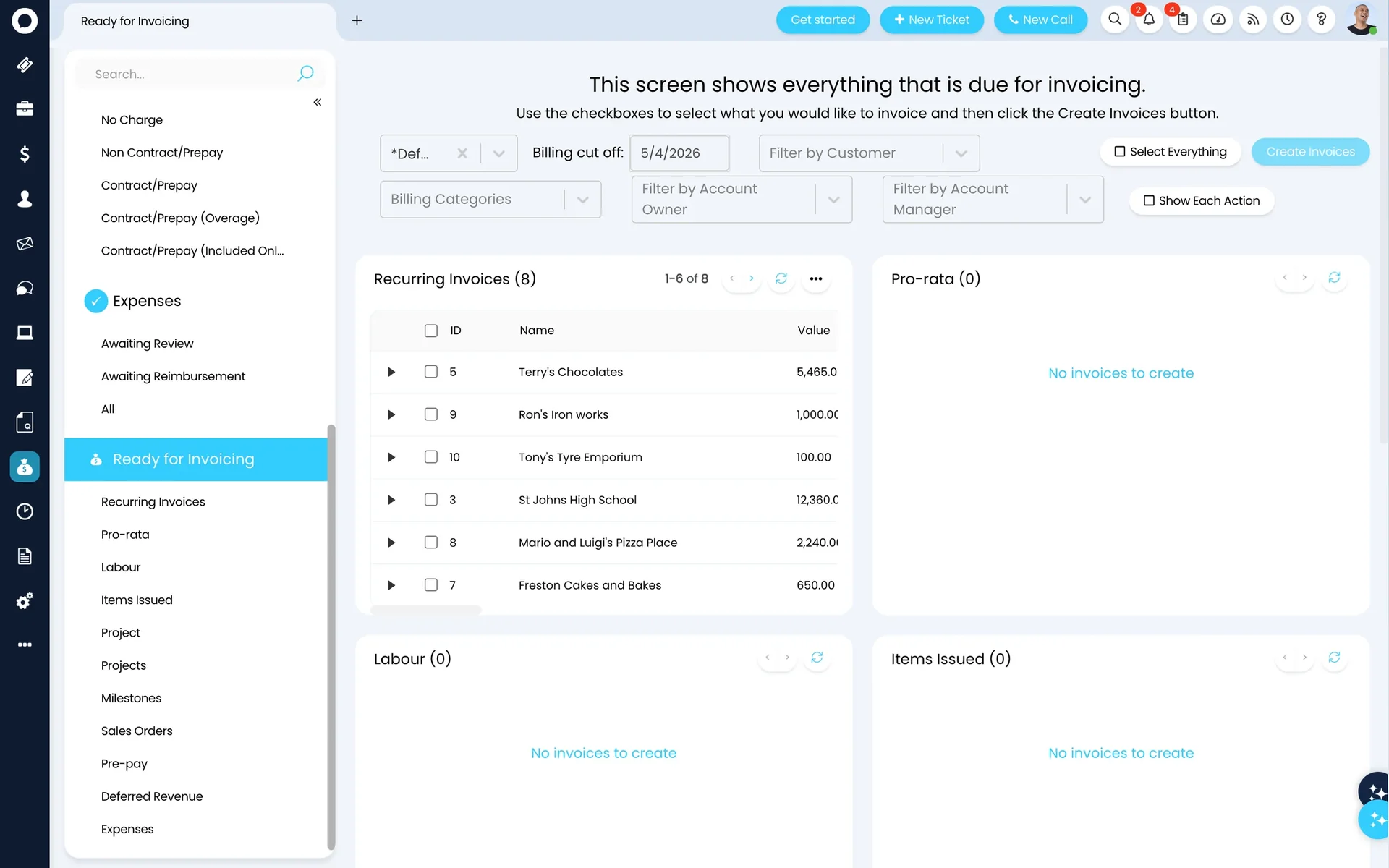 HaloPSA Billing — the Ready for Invoicing screen showing recurring invoices due for billing
