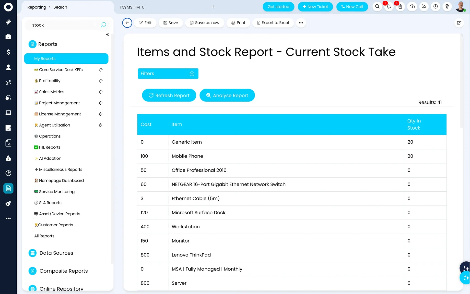 HaloPSA Stock — current stock take report listing hardware and software items with cost and quantity in stock