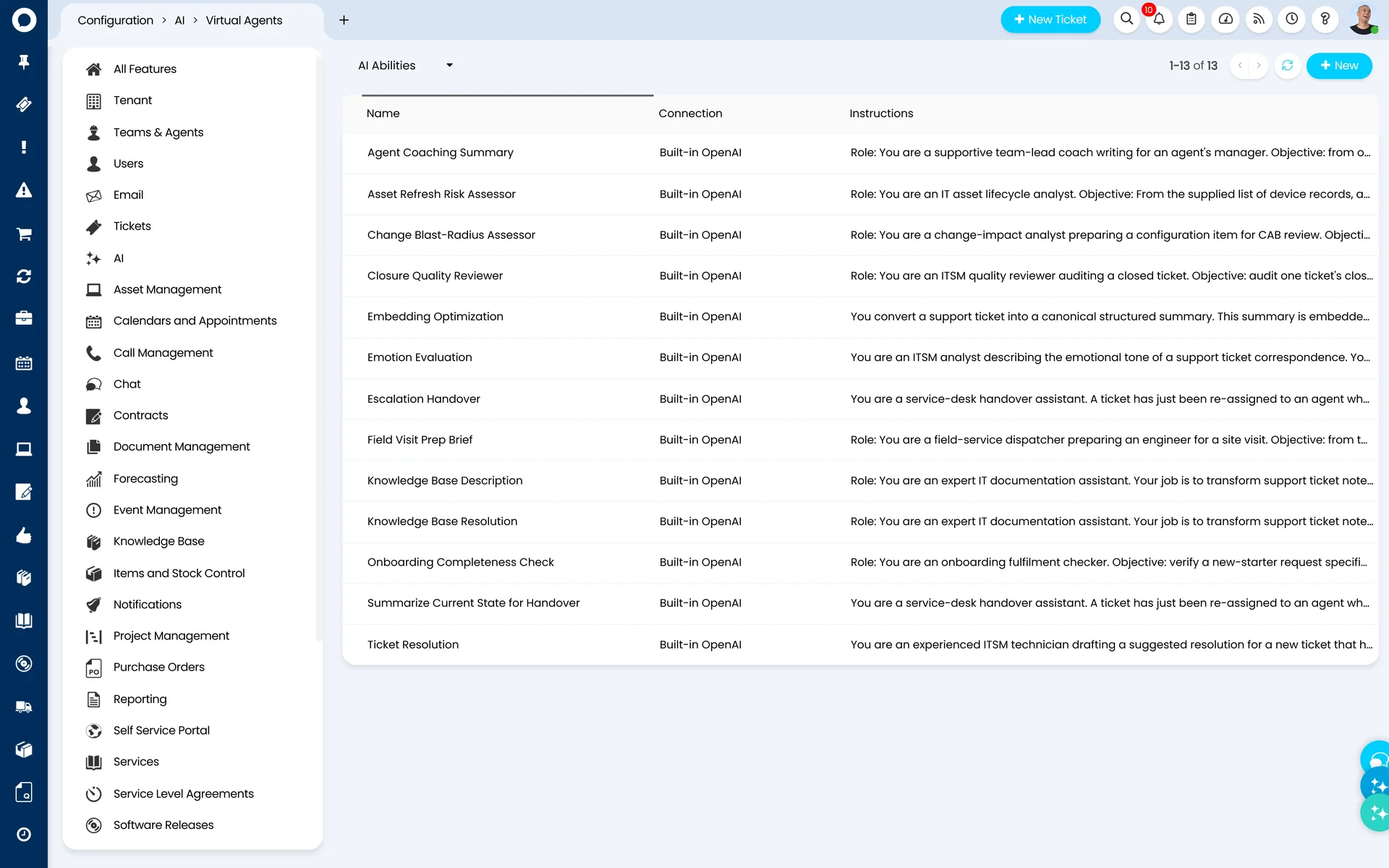 Halo configuration screen under Configuration > AI > Virtual Agents listing 13 named AI Abilities in a table, each using Halo's built-in OpenAI connection and carrying its own instructions