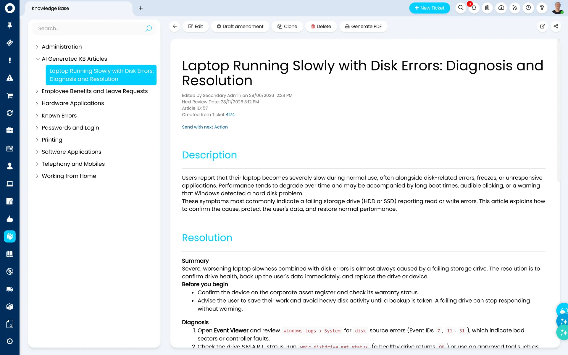 Halo Knowledge Base article titled Laptop Running Slowly with Disk Errors: Diagnosis and Resolution, filed in an AI Generated KB Articles folder, showing Article ID 57, the line Created from Ticket 4174, and Description and Resolution sections