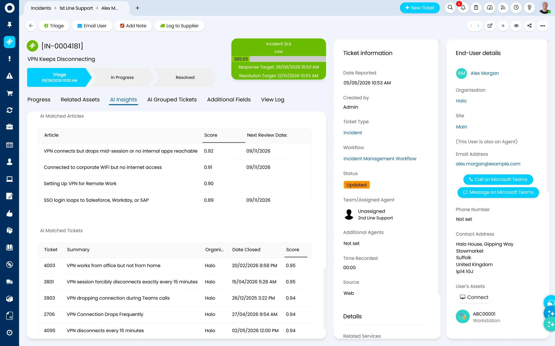 AI Insights tab of Halo incident IN-0004181, VPN Keeps Disconnecting, showing an AI Matched Articles table with match scores from 0.92 to 0.89 and an AI Matched Tickets table of previously closed VPN tickets scored 0.95 to 0.94