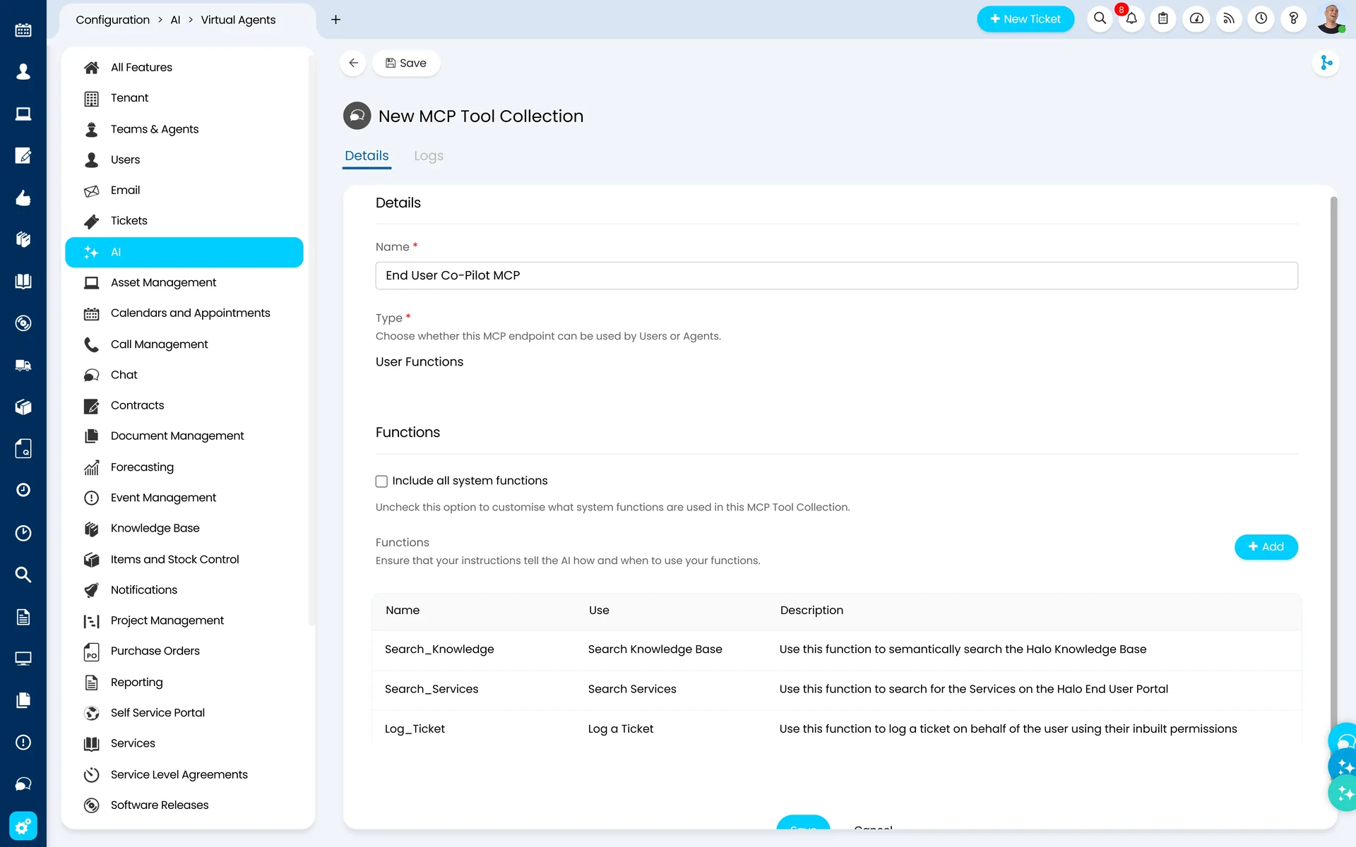 Halo configuration screen for a new MCP Tool Collection named End User Co-Pilot MCP, set to User Functions, with a functions table listing Search_Knowledge, Search_Services and Log_Ticket alongside a description of when the AI should use each