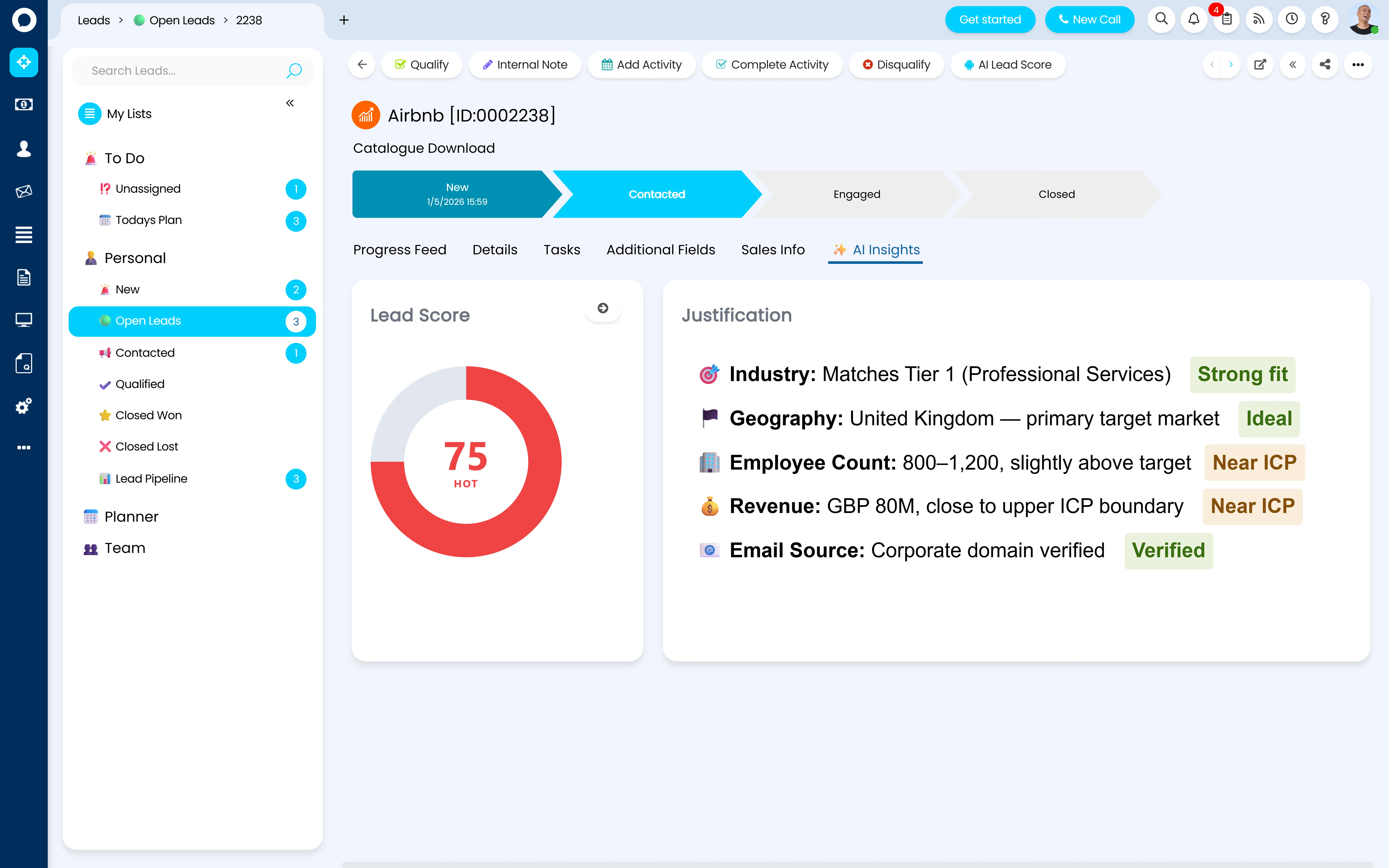 Halo CRM AI lead scoring — leads scored against the ideal customer profile