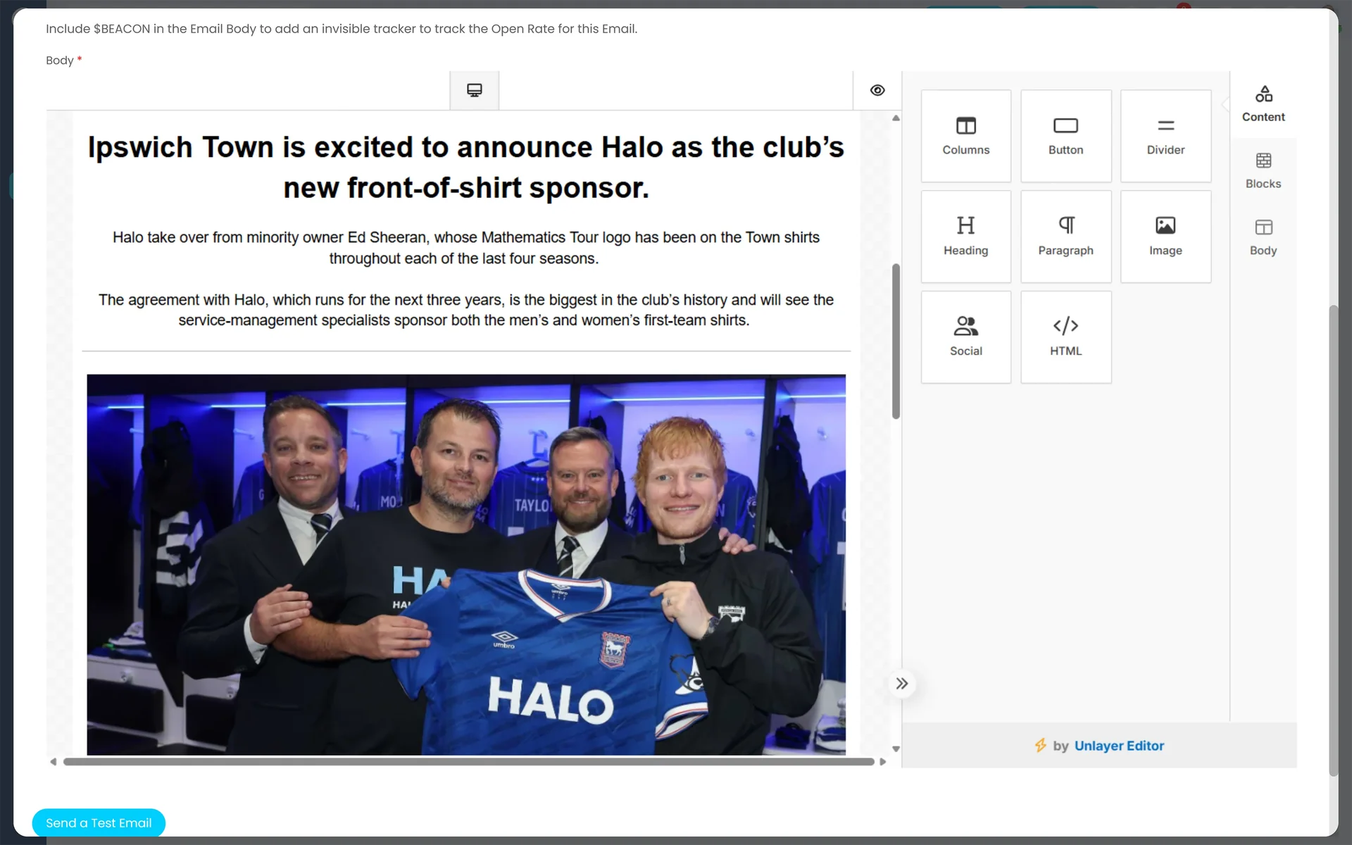 Halo CRM campaign email builder — drag-and-drop content blocks for headings, paragraphs, images, buttons and HTML alongside a live preview of the email being built