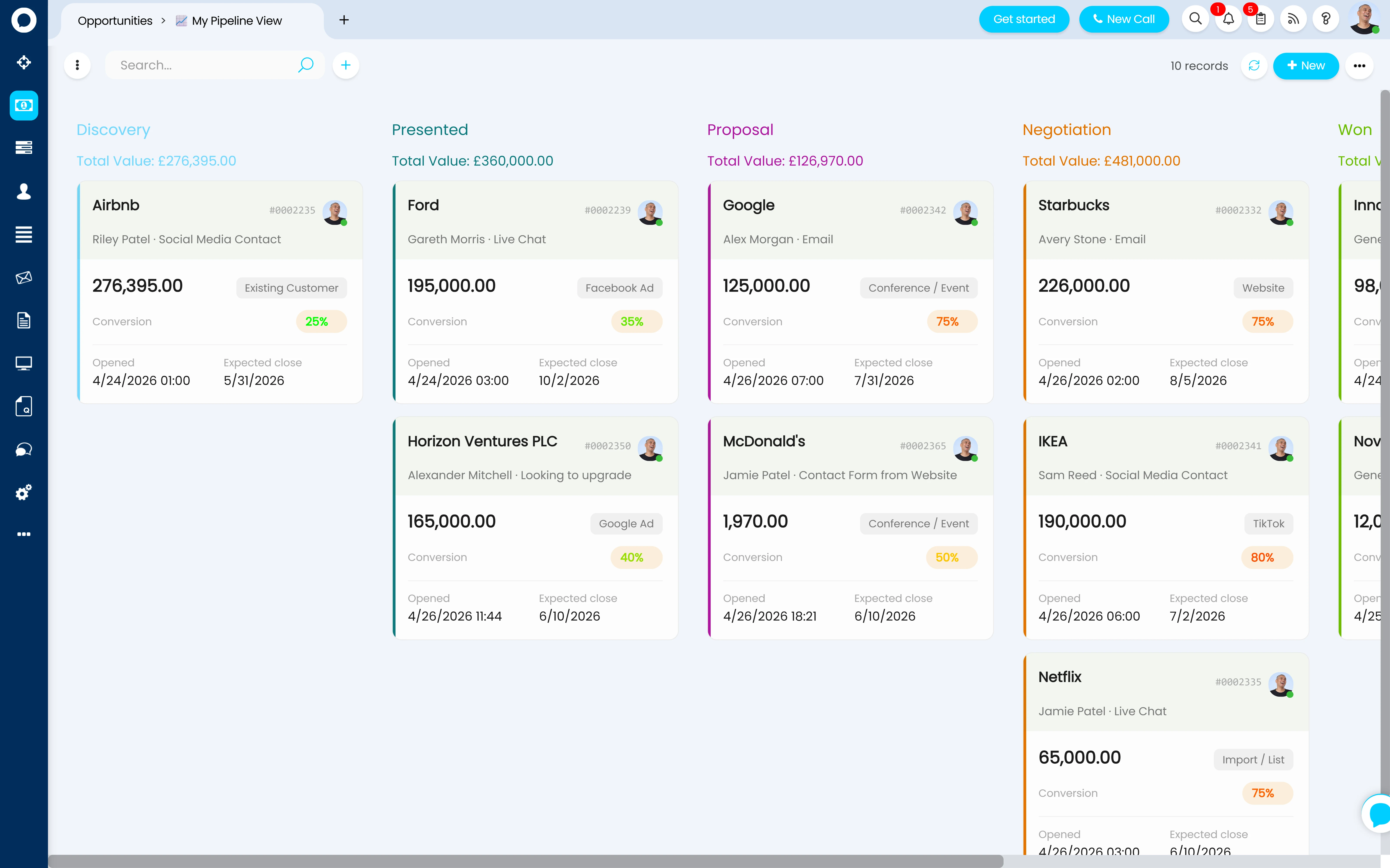 Halo CRM pipeline stages — Kanban board view