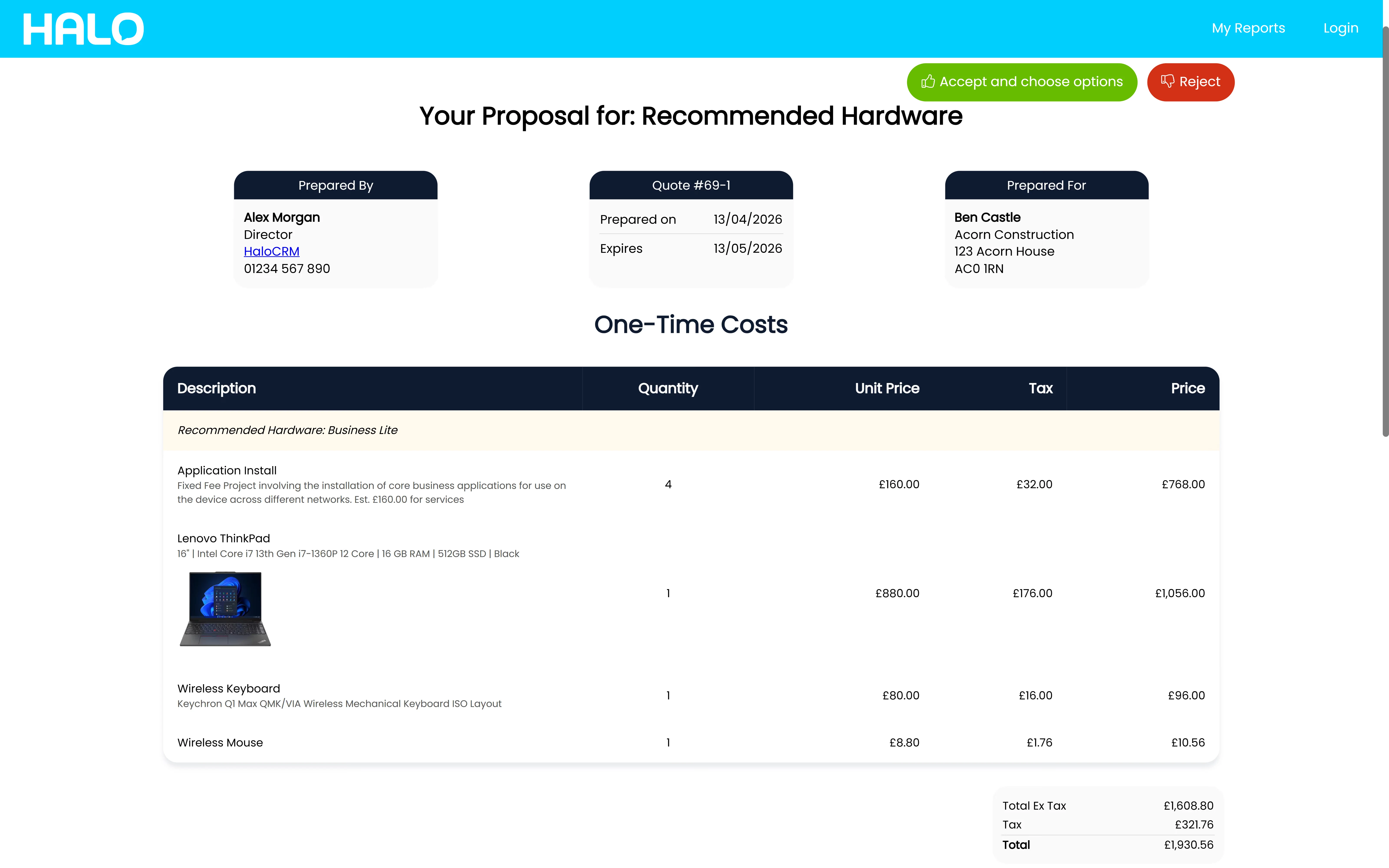 Halo CRM quoting screen — branded quotation with line items