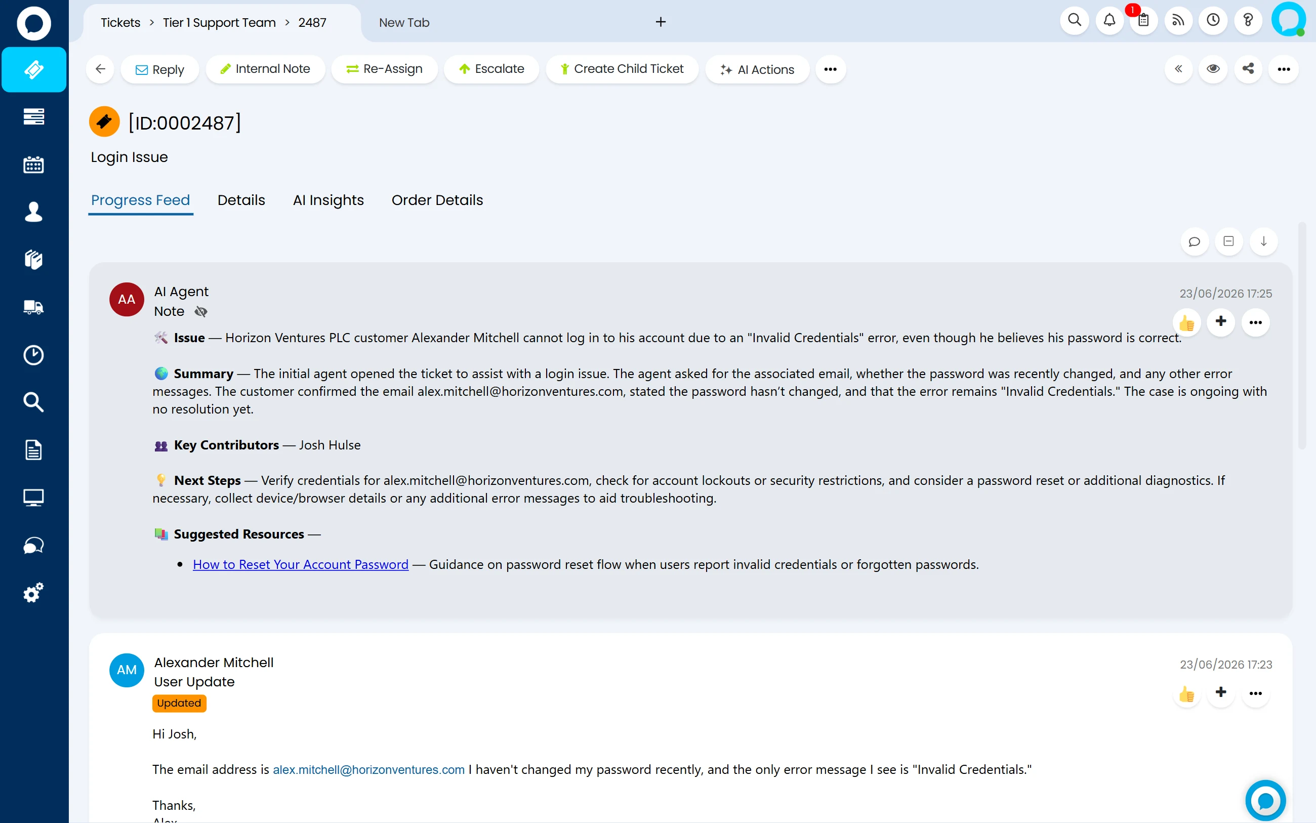 An AI-written note on a Halo ticket setting out the issue, a summary of the conversation so far, key contributors, next steps and a suggested knowledge base article