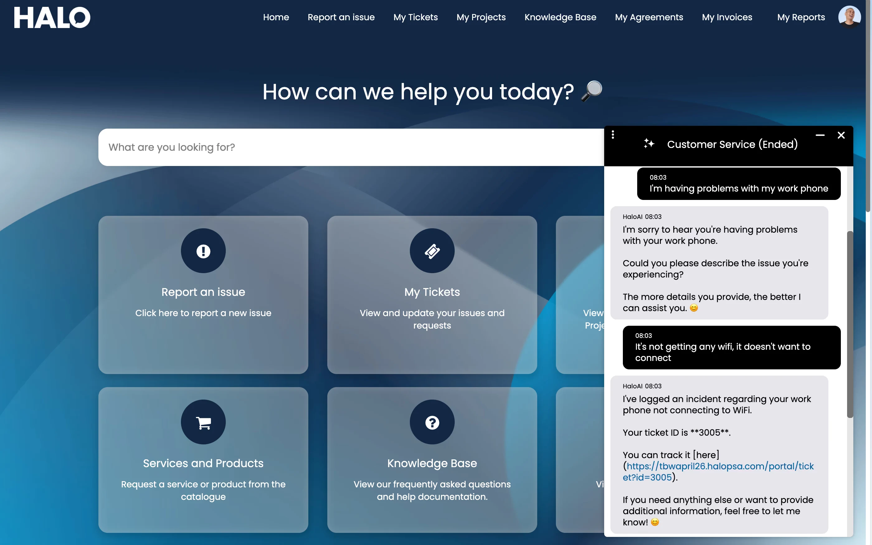 A Halo CSM customer portal with the AI virtual agent chat window open — the agent asks for detail, then confirms it has logged an incident and returns the ticket ID with a link to track it