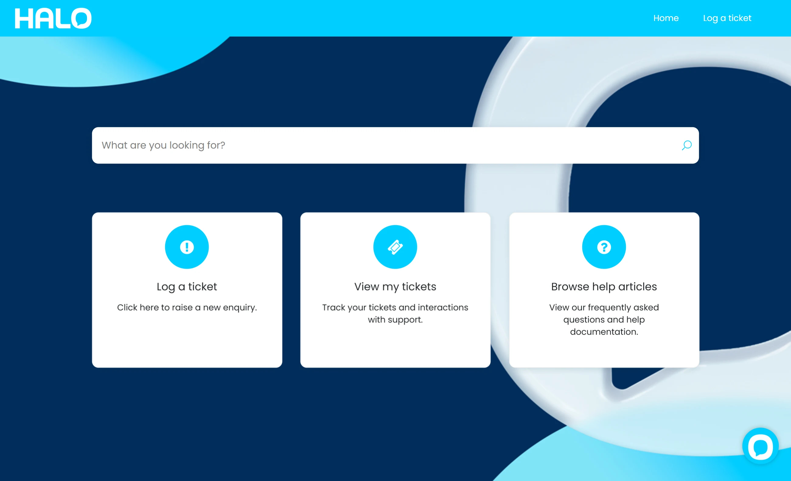 Halo CSM branded customer self-service portal home screen