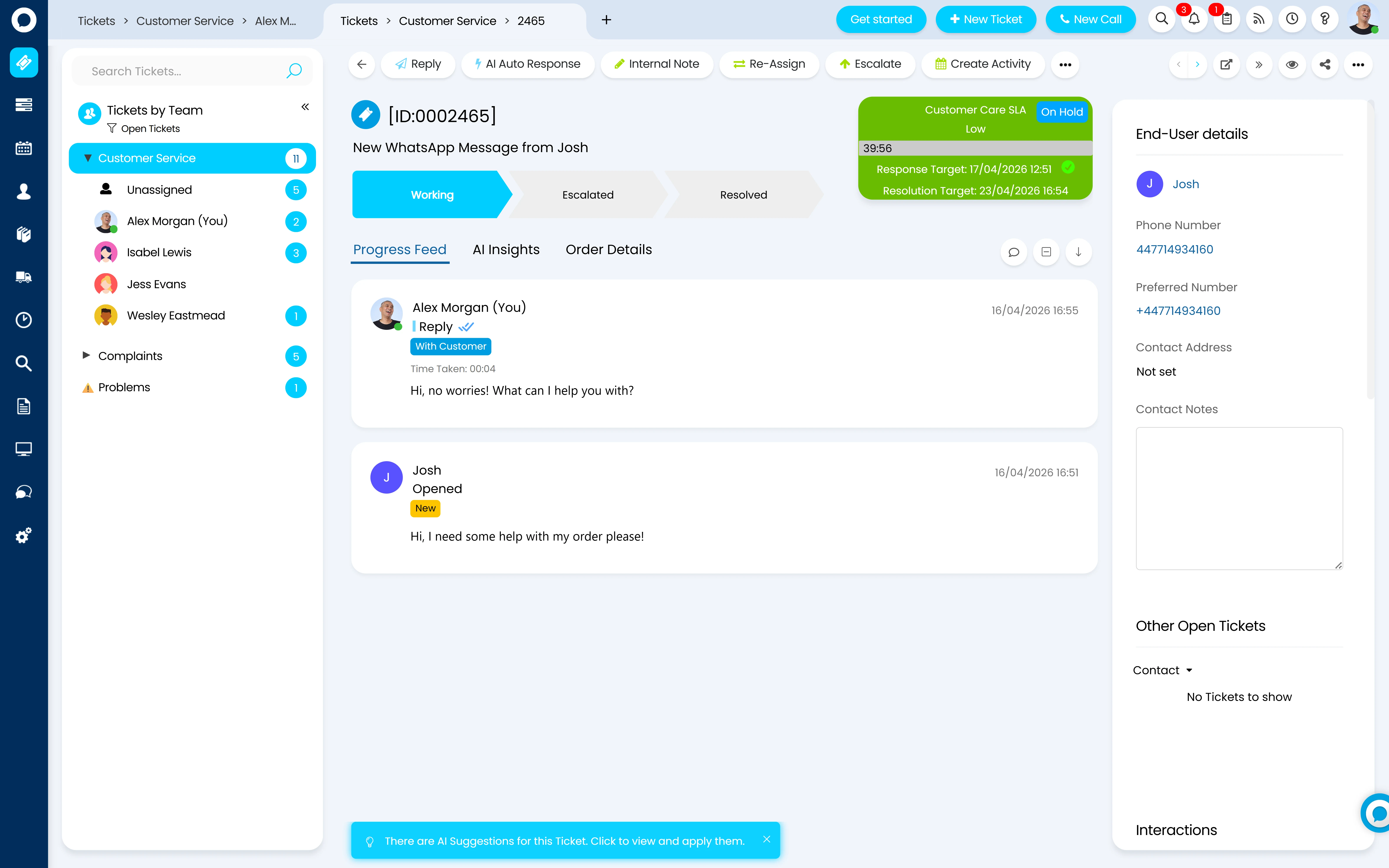 Halo CSM WhatsApp conversation feeding the same ticket thread