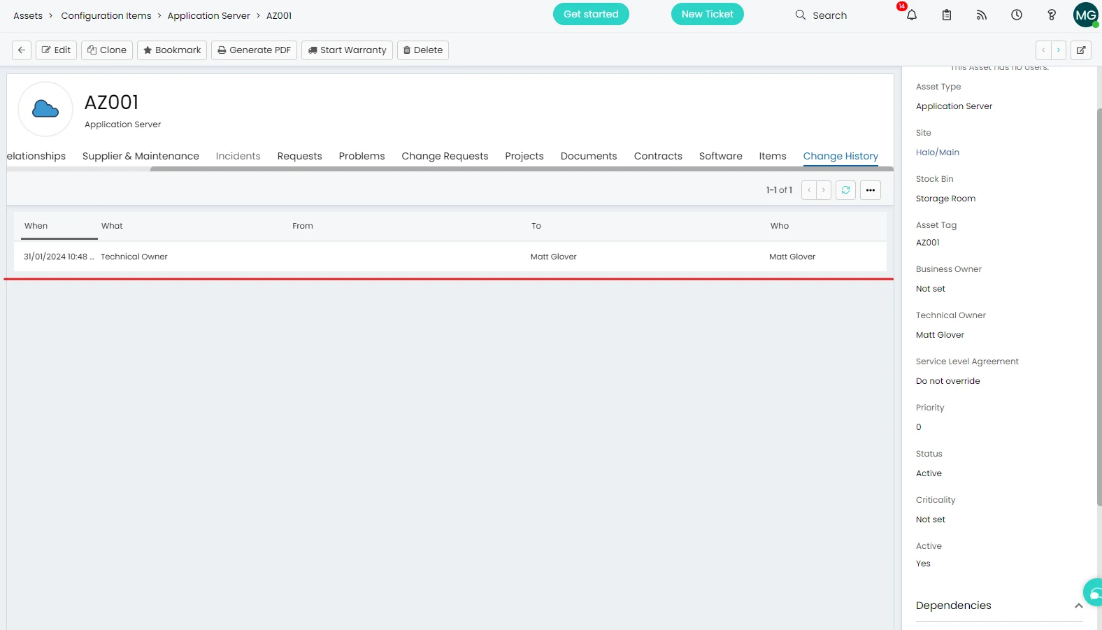 Halo ITSM asset change history tab showing timestamped log of all CI field changes and status updates