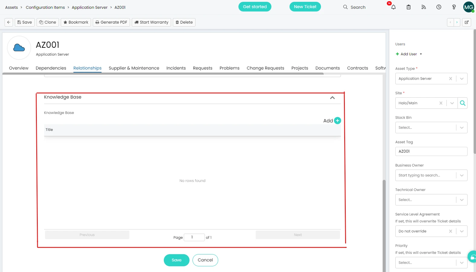 Halo ITSM asset record showing linked knowledge base articles and service catalogue connections