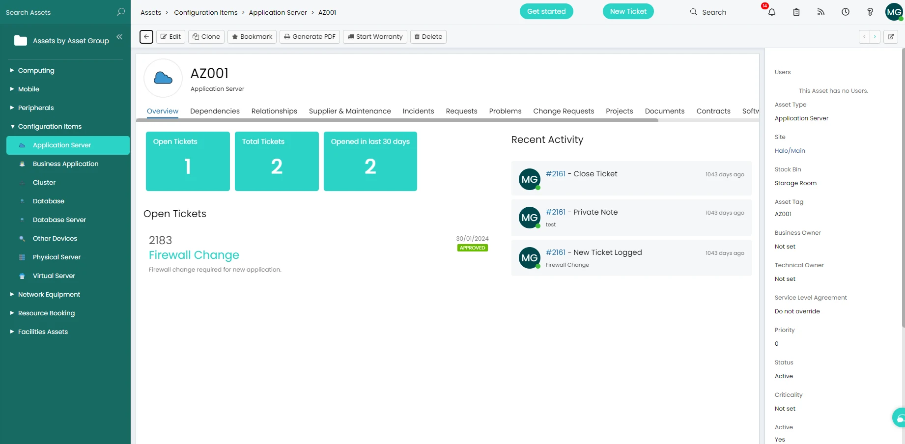 Halo ITSM asset management screen showing CI list with status, type, and location columns
