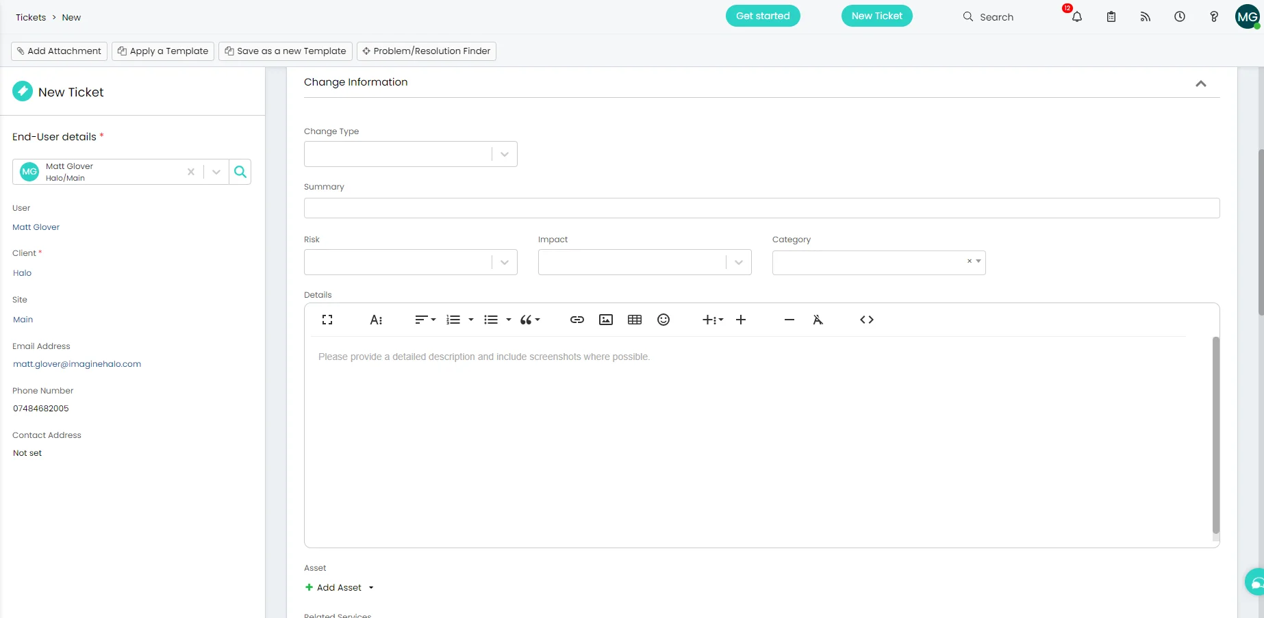 Halo ITSM new change request form showing Change Type, Risk, Impact, and plan fields