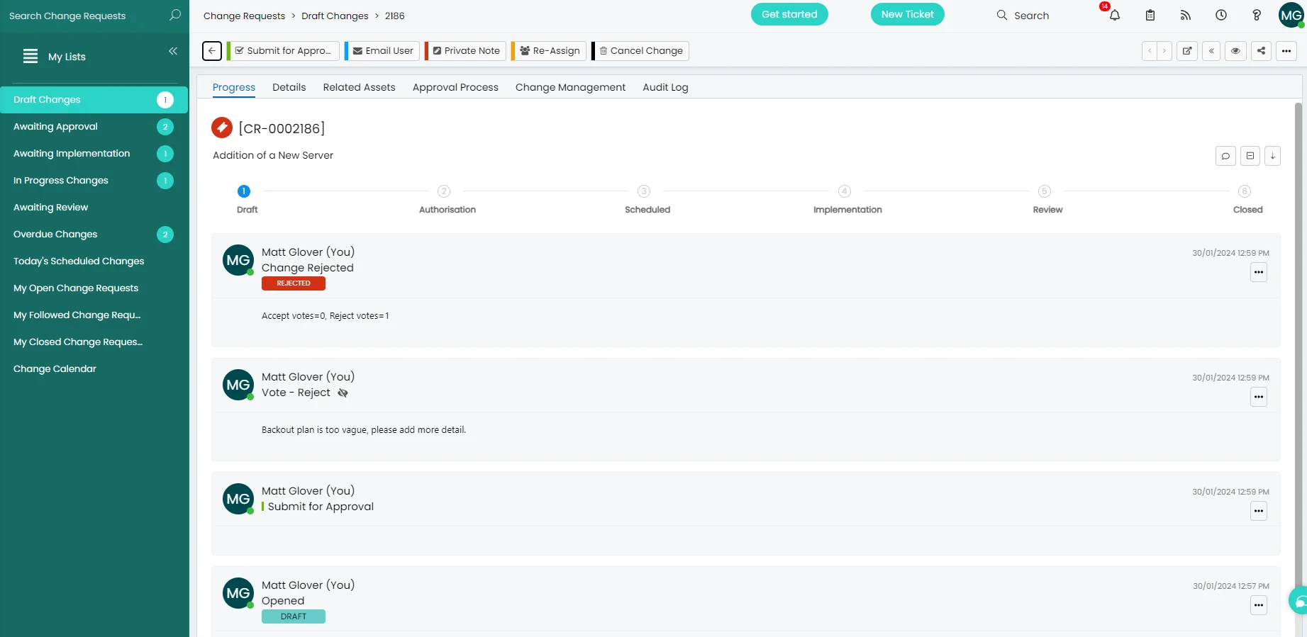 Halo ITSM change request ticket showing 6-stage lifecycle and CAB approval with rejection reason