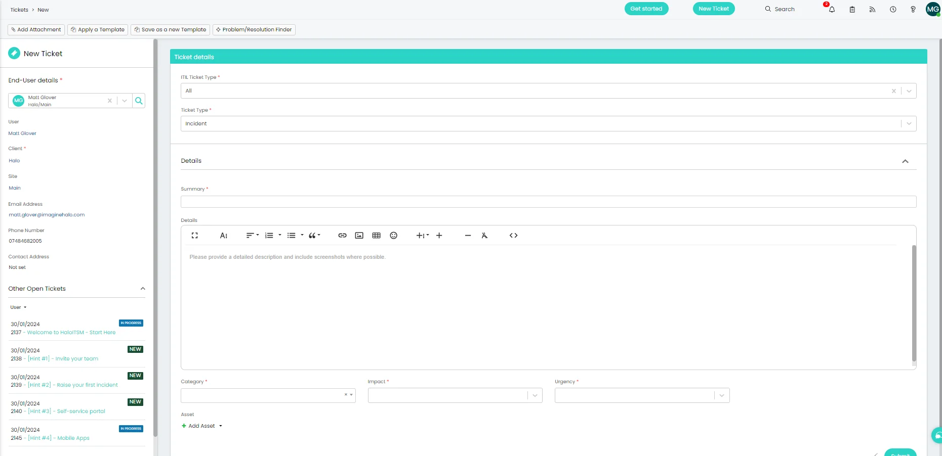 Halo ITSM new incident form showing configurable fields for impact, urgency, category, and affected user