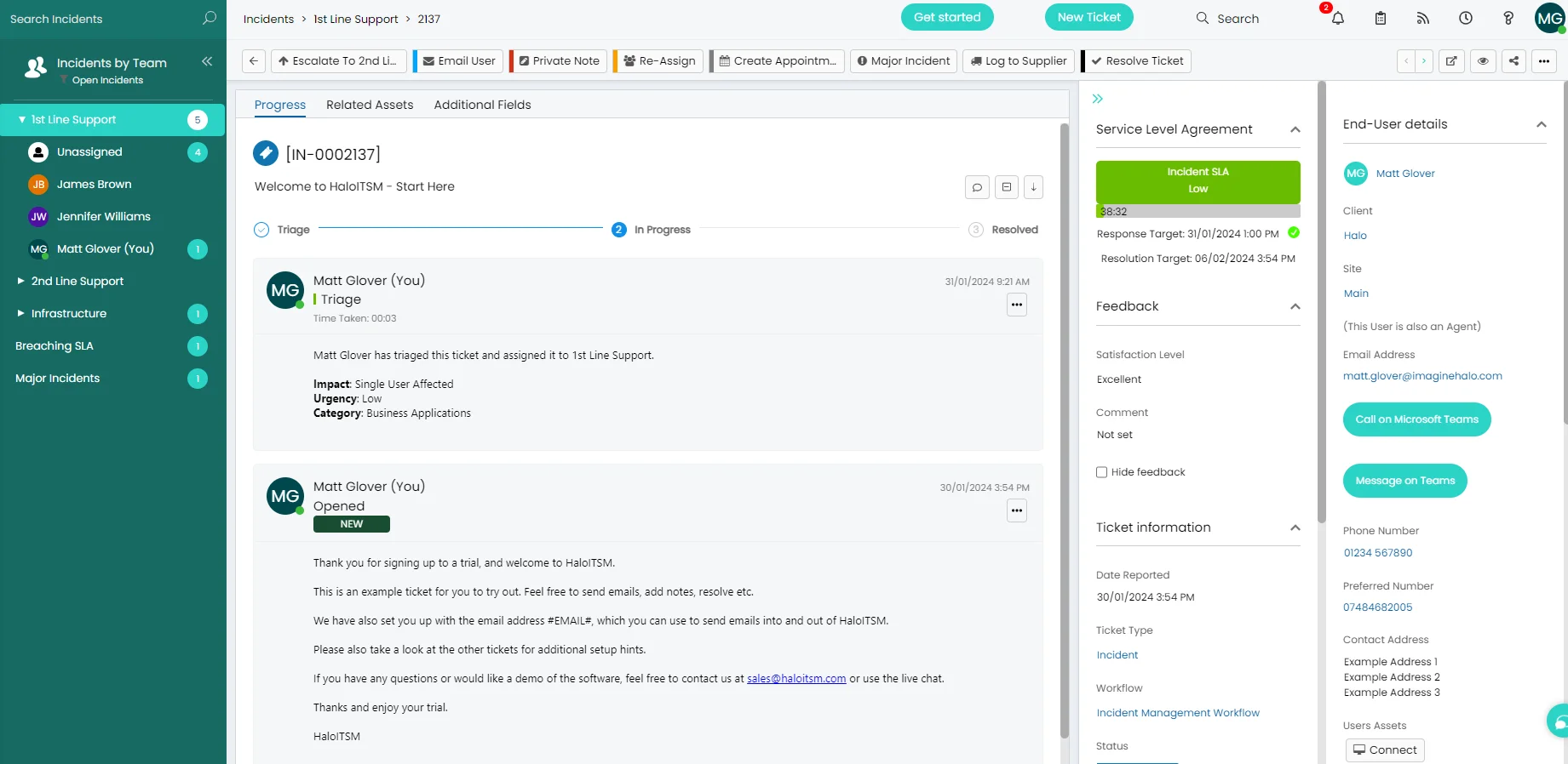Halo ITSM open incident ticket view showing full details, SLA timer, action log, linked assets, and AI knowledge suggestion