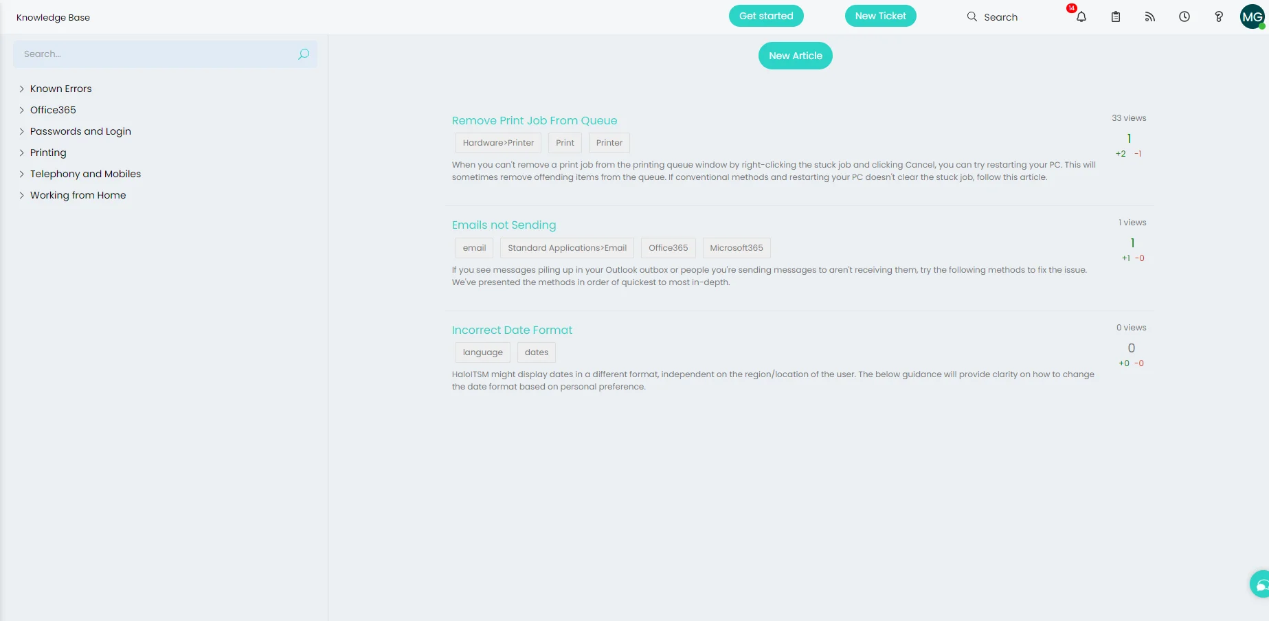 Halo ITSM knowledge base screen showing categorised articles with tags, view counts, and helpfulness ratings