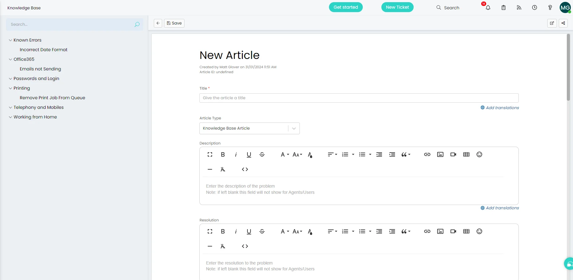 Halo ITSM new knowledge base article form with Title, Description and Resolution fields