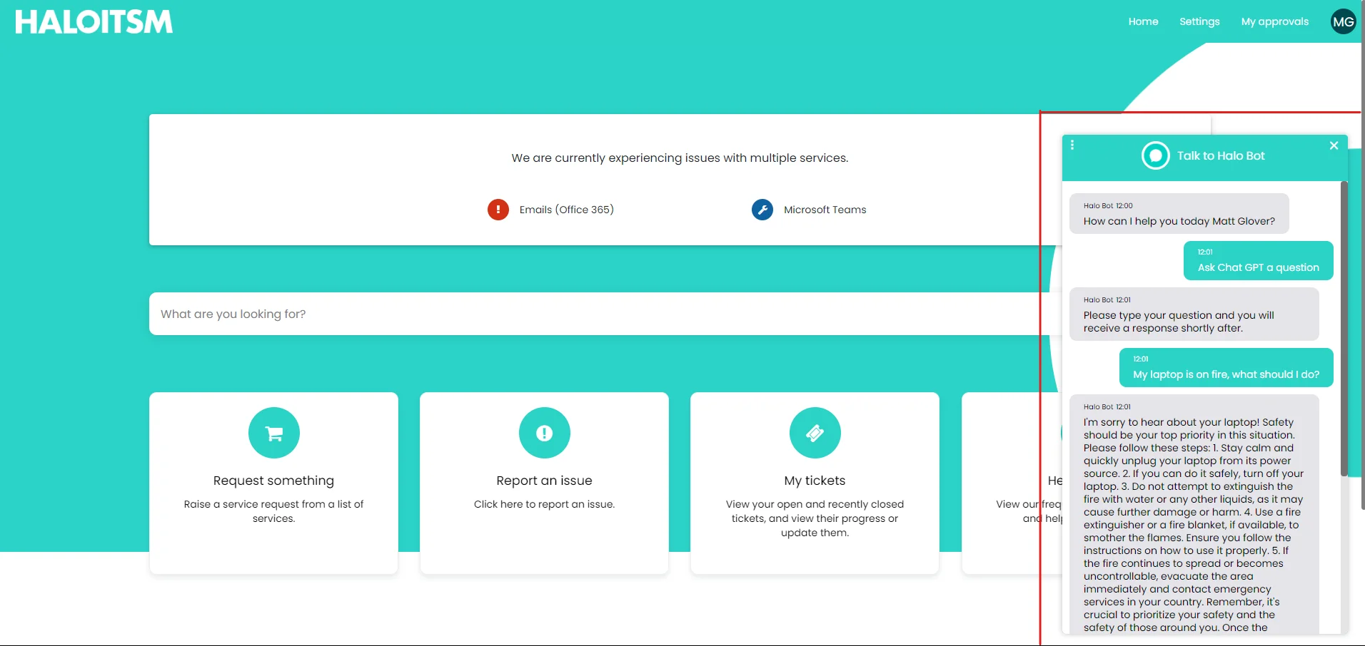 Halo ITSM self-service portal with AI virtual agent chatbot conversation open, guiding an employee to the right service