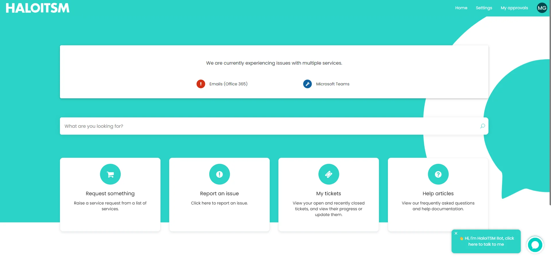 Halo ITSM self-service portal home page showing service health banner, search bar, and action tiles for raising tickets and browsing services