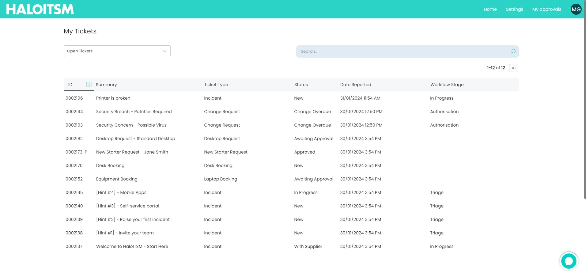 Halo ITSM self-service portal My Tickets view showing a list of employee tickets with type, status, and workflow stage columns