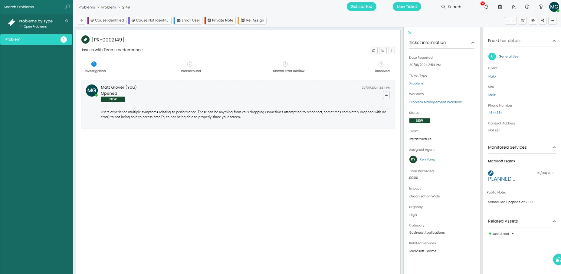 Halo ITSM problem management queue showing open problems with investigation stage, linked incident count, and assigned analyst