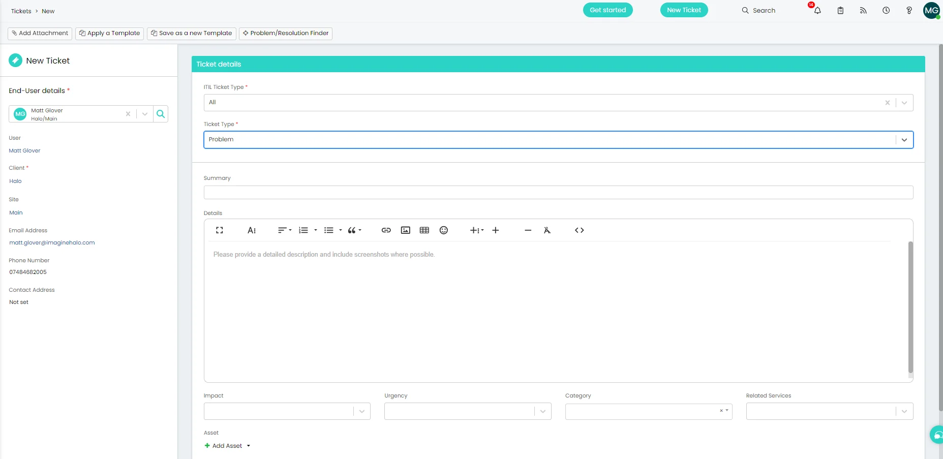 Halo ITSM new problem record form with fields for category, impact, affected service, CI, and root cause investigation