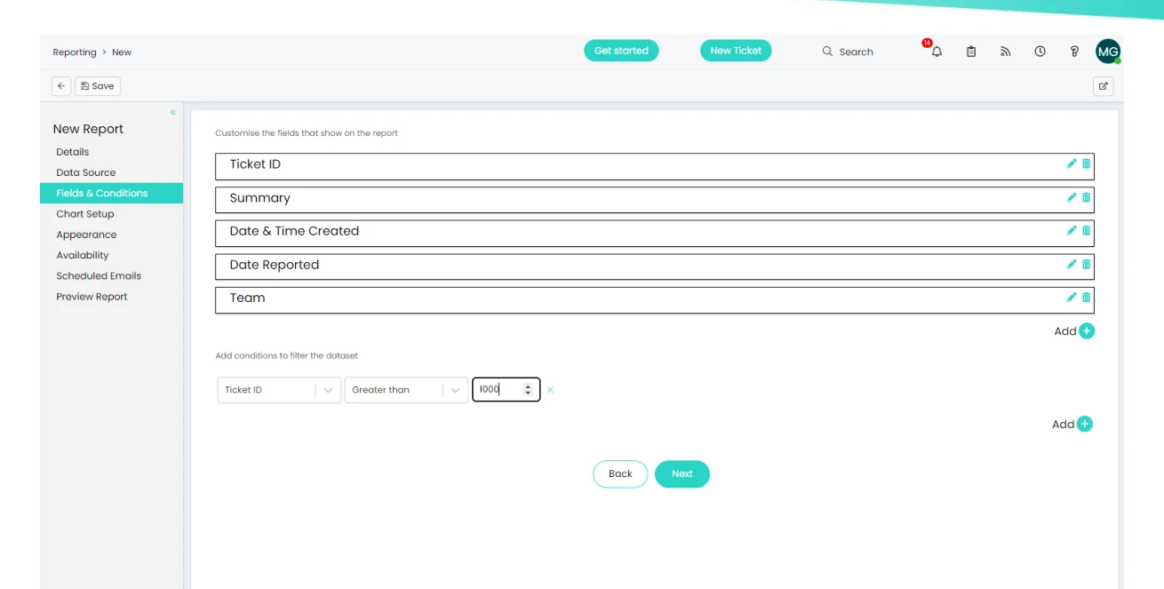 Halo ITSM zero-code query builder showing field selection and condition configuration