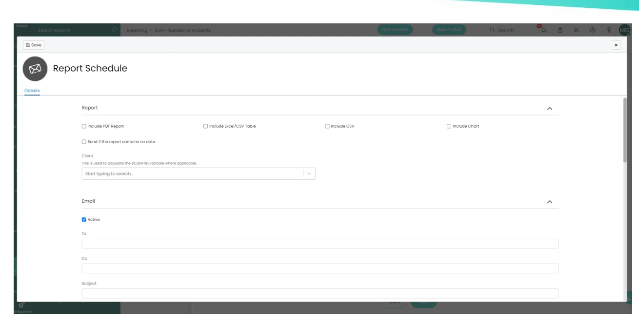 Halo ITSM scheduled report configuration showing recurrence options and email recipients