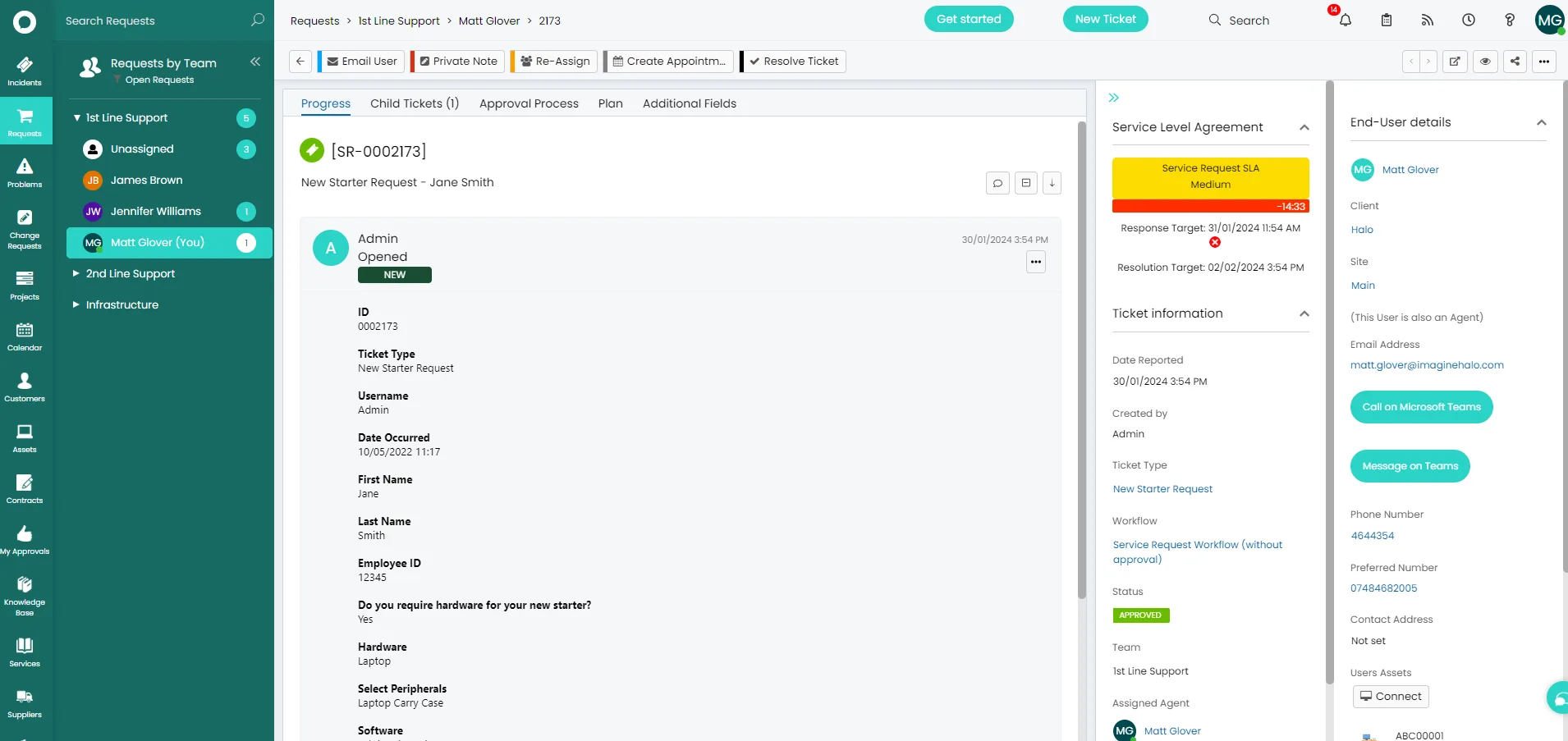 New Starter request logged via the Service Catalogue in Halo ITSM