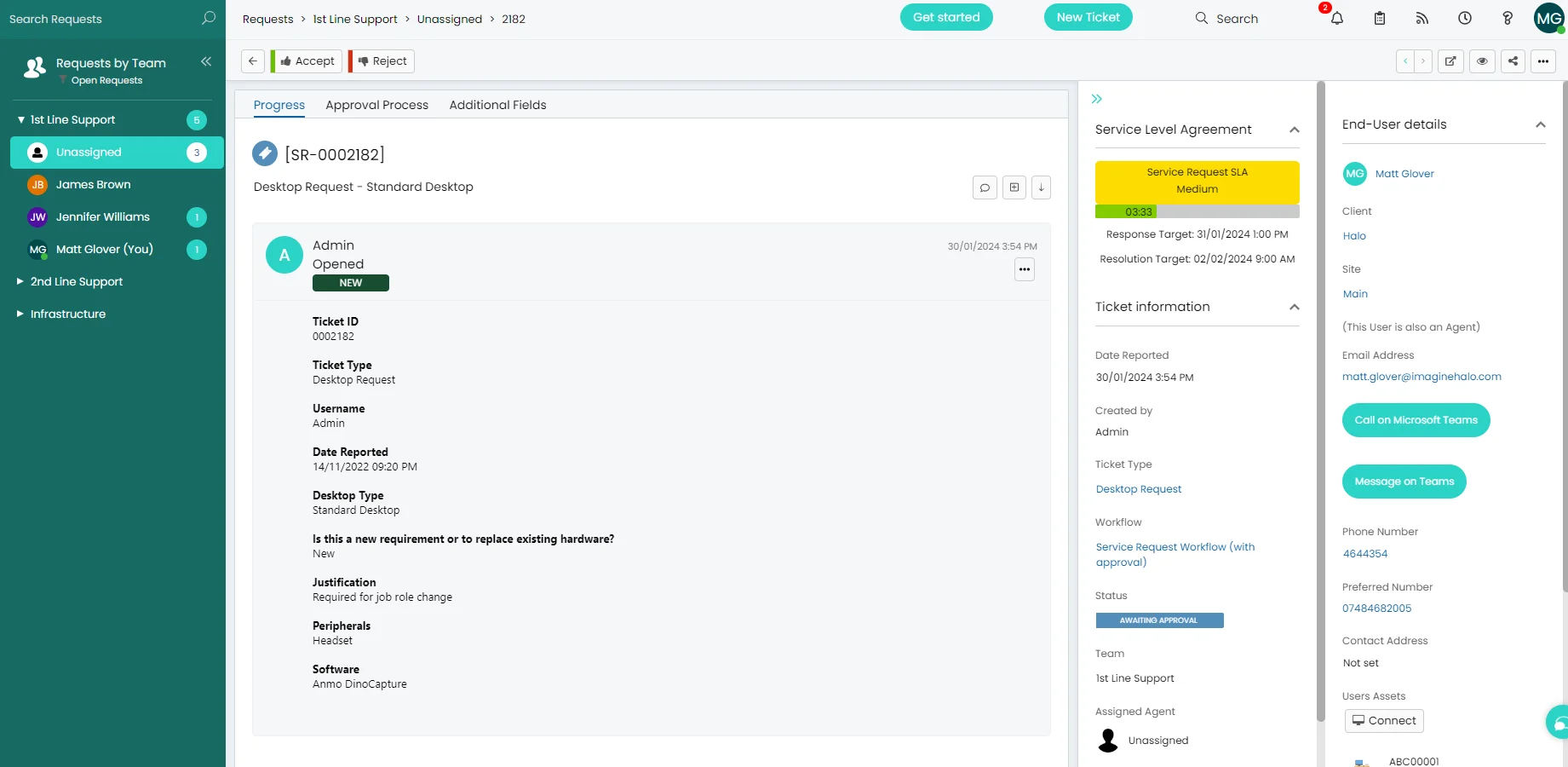 Halo ITSM service request queue showing open requests with category, workflow stage, assigned team, and SLA status