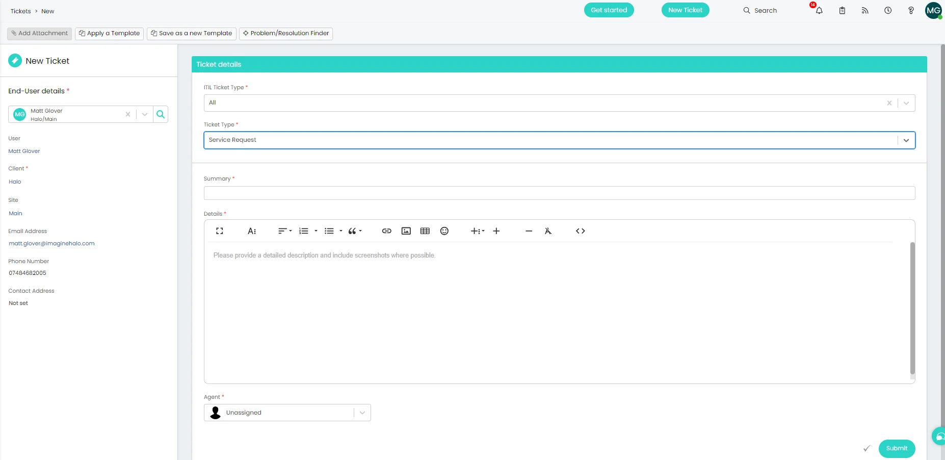 Halo ITSM new service request form showing configurable fields for request type, requester, and specific fulfilment details