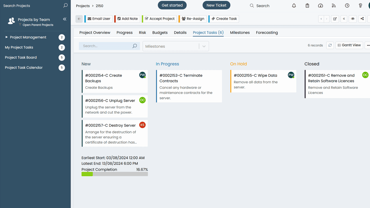 Halo project management Kanban task board showing New, In Progress, On Hold and Closed columns