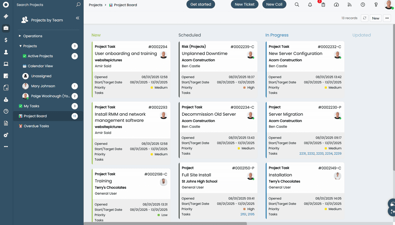 Halo project board showing multiple projects across New, Scheduled, In Progress and Updated columns