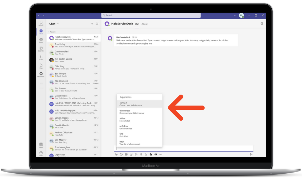 Halo bot in Microsoft Teams showing available commands: connect, follow, unfollow, find, help
