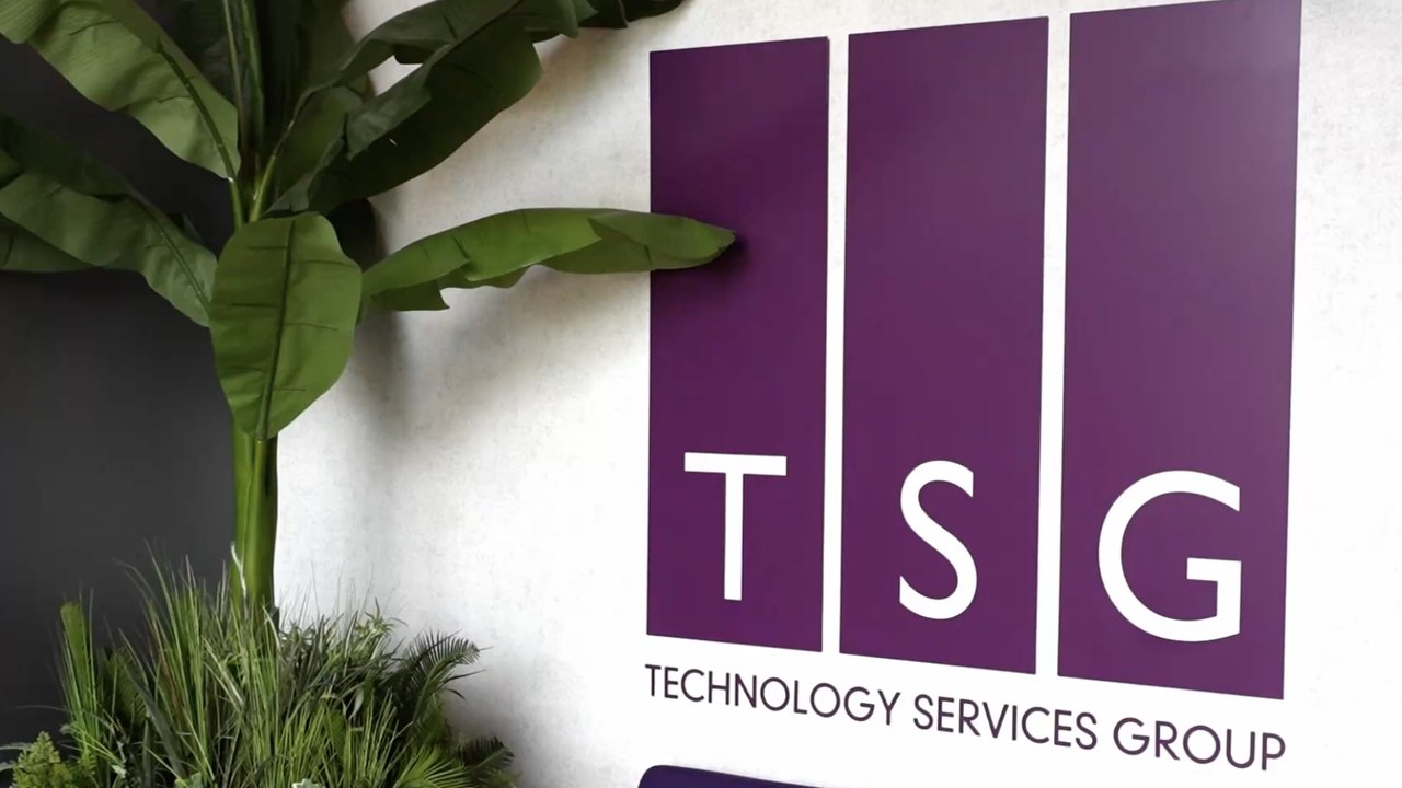 The Technology Services Group sign on a white wall in TSG's office, beside a tall potted plant